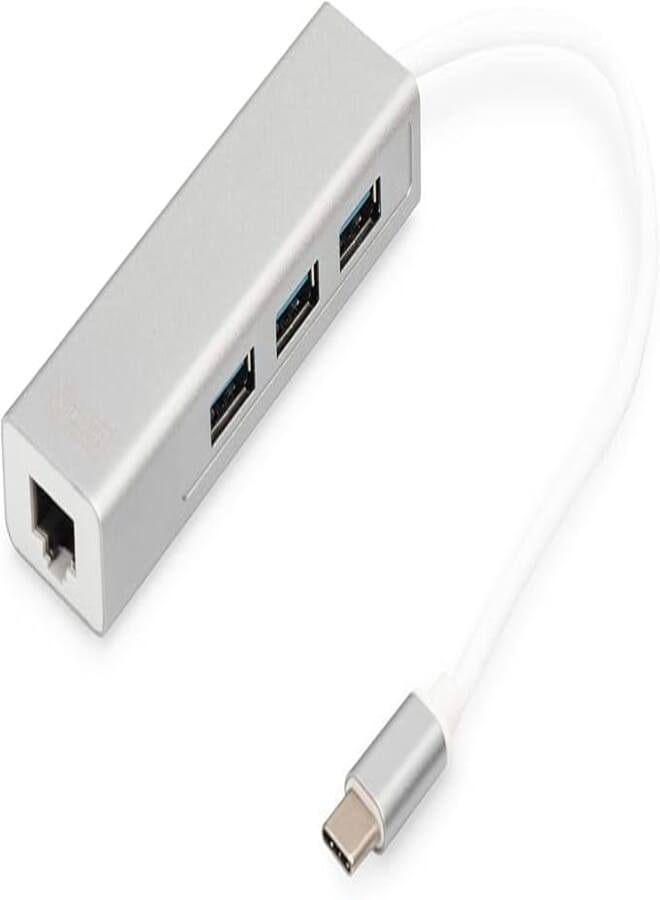 محور DIGITUS USB 3.0 نوع C 3 منافذ مع محول Ethernet جيجابت، 3x USB A، 1x RJ45 LAN، فضي